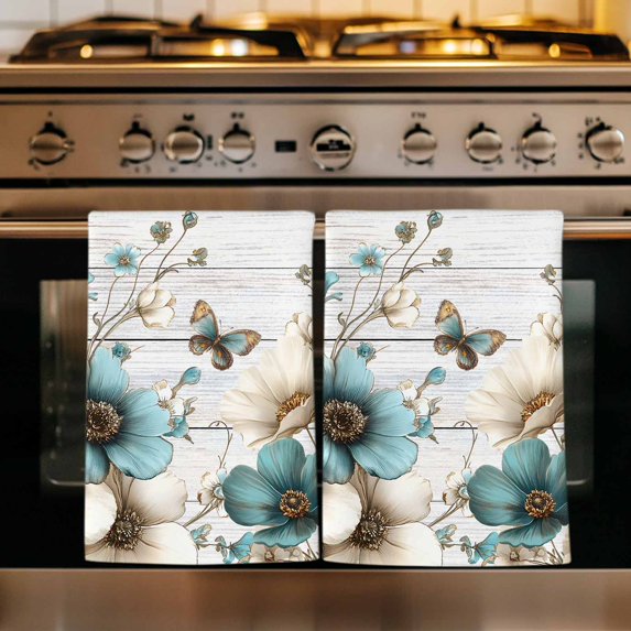 Teal Tulip Butterfly Kitchen Towels Set of 1, Beige Turquoise Floral Grey Wooden Absorbent Dish Towels for Kitchen, Microfiber Hand Towel, Quick Drying Tea Towel for Cleaning Decorative Dishcloths