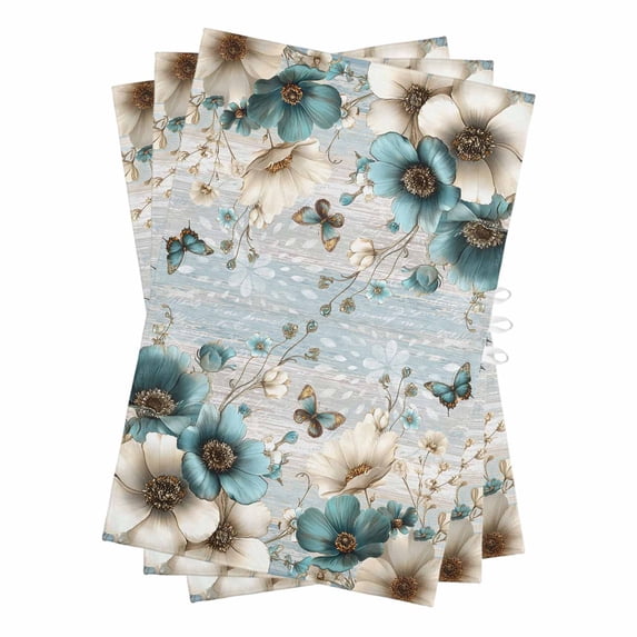 Teal Tulip Butterfly Kitchen Towels Set of 3, Water Absorbent Dish Towel, Beige Turquoise Floral Farmhouse Blue Decorative Hand Towels - Quick Drying Cloth for Cooking Baking, 18x28 Inch