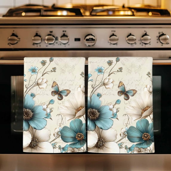 Teal Tulip Butterfly Kitchen Towels Set of 4, Turquoise Floral Farmhouse Beige Absorbent Dish Towels for Kitchen, Microfiber Hand Towel, Quick Drying Tea Towel for Cleaning Decorative Dishcloths