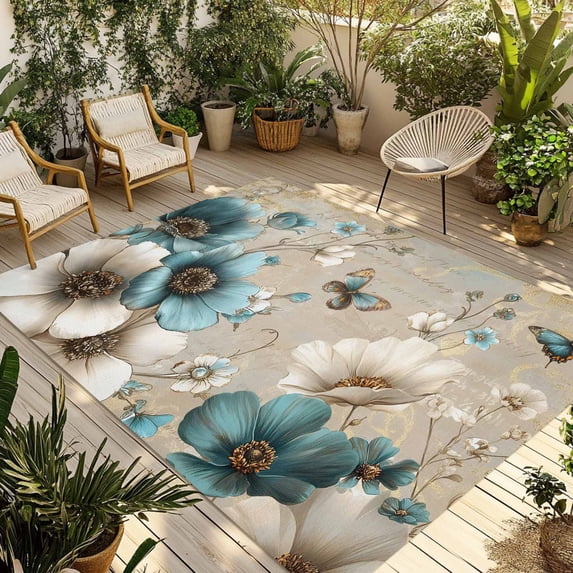 Teal Tulip Butterfly Outdoor Rug for Patio/Deck/Porch, Non-Slip Large Area Rug 5 x 8 Ft, Beige Turquoise Floral Vintage Rustic Indoor Outdoor Rugs Washable Area Rugs, Camping Rug Carpet Runner