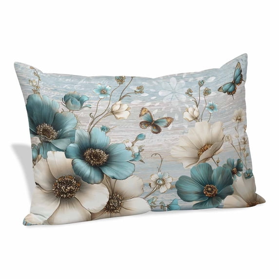 Teal Tulip Butterfly Pillow Covers 12"x20", Beige Turquoise Floral Farmhouse Blue Soft Brushed Microfiber Breathable Throw Pillow Covers, Decorative Pillowcase with Zipper for Couch Sofa Bedroom