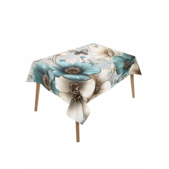 Teal Tulip Butterfly Rectangle Tablecloth, Beige Turquoise Floral Farmhouse Blue Waterproof & StainResistant Tablecloth, Washable Oil-proof Table Cover for Dining/Party/Wedding/Buffet 52x70 In