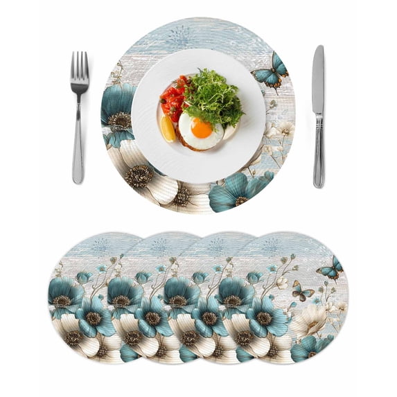 Teal Tulip Butterfly Round 13 Inch Placemats Set of 4, Beige Turquoise Floral Farmhouse Blue HeatResistant Non Slip Place Mats for Dining Table, Wipeable Braided Kitchen Table Mats for Housewarming