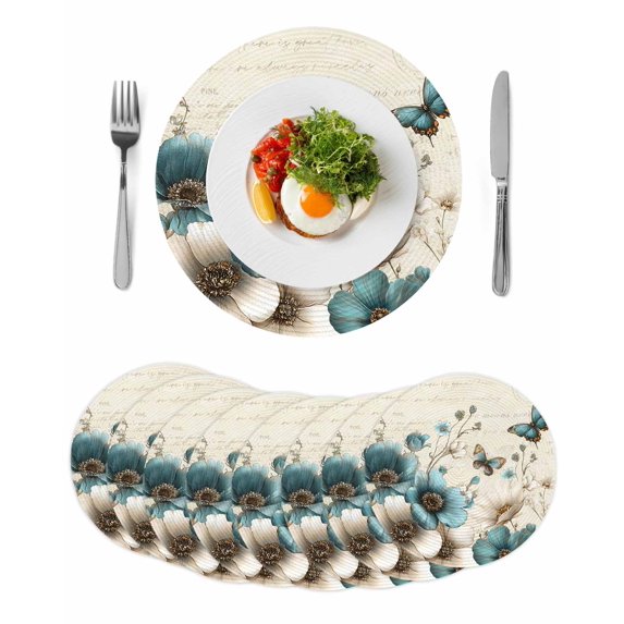 Teal Tulip Butterfly Round 15 Inch Placemats Set of 8, Turquoise Floral Farmhouse Beige HeatResistant Non Slip Place Mats for Dining Table, Wipeable Braided Kitchen Table Mats for Housewarming