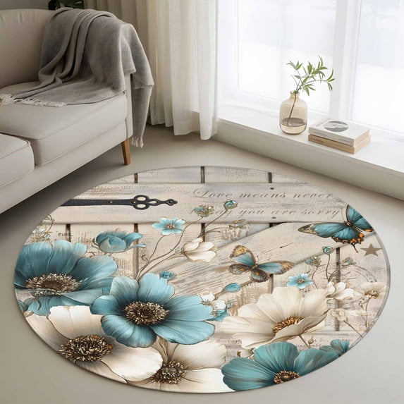 Teal Tulip Butterfly Round Area Rug 4Ft Washable Circle Rugs for Bedroom Dining Room, Beige Turquoise Floral Farmhouse Wooden Non-Slip Carpet Floor Mats Indoor Outdoor Carpet Runner Home Decor