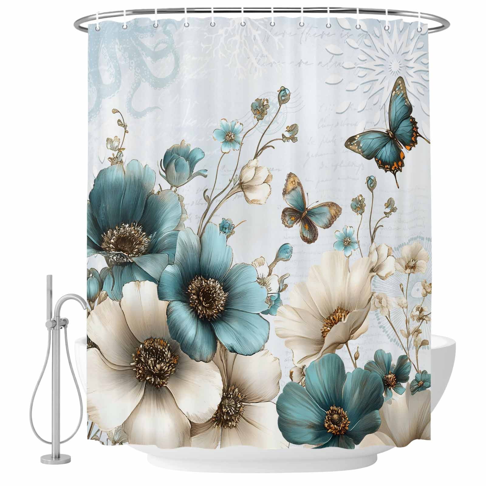 Teal Tulip Butterfly Shower Curtain, Waterproof Shower Curtains for Bathroom, Beige Turquoise Floral Blue Coastal Washable Fabric Bathtub Curtain Set Bath Decor with 12 Hooks 72"x78"