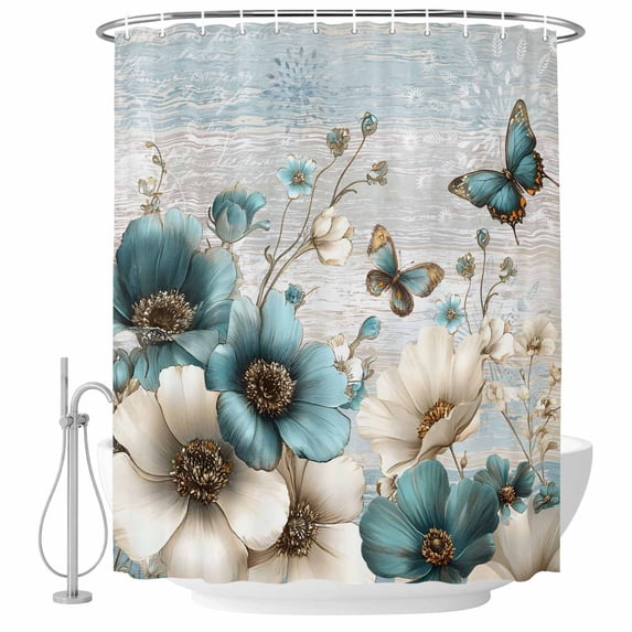 Teal Tulip Butterfly Shower Curtain, Waterproof Shower Curtains for Bathroom, Beige Turquoise Floral Farmhouse Blue Washable Fabric Bathtub Curtain Set Bath Decor with 12 Hooks 48"x72"