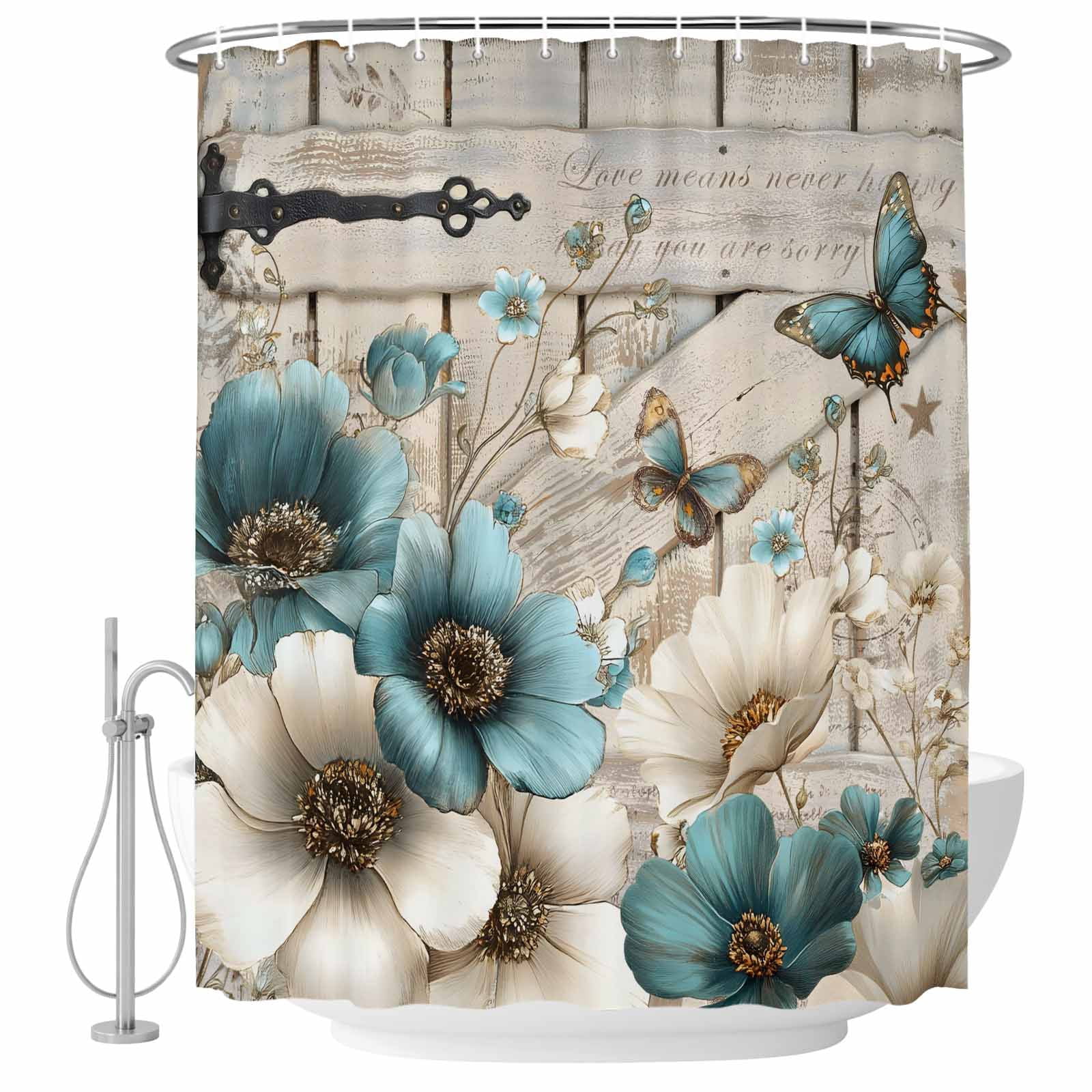 Teal Tulip Butterfly Shower Curtain, Waterproof Shower Curtains for Bathroom, Beige Turquoise Floral Farmhouse Wooden Washable Fabric Bathtub Curtain Set Bath Decor with 12 Hooks Stall 36"x72"