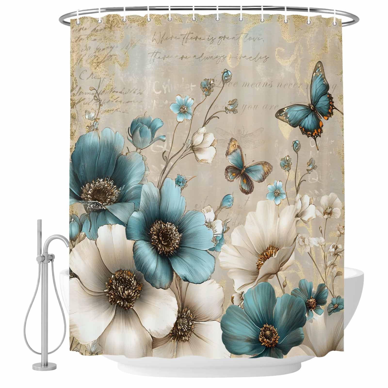 Teal Tulip Butterfly Shower Curtain, Waterproof Shower Curtains for Bathroom, Beige Turquoise Floral Vintage Rustic Washable Fabric Bathtub Curtain Set Bath Decor with 12 Hooks 48"x72"