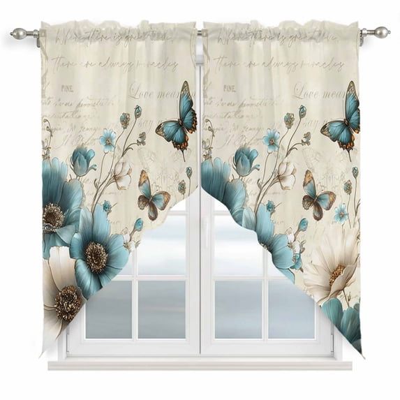 Teal Tulip Butterfly Swag Valances for Windows 2 Pack, Kitchen Window Curtains 36 Inch Length, Turquoise Floral Farmhouse Beige Privacy Swag Curtains for Living Room/Bathroom with Rod Pocket 36"x36"