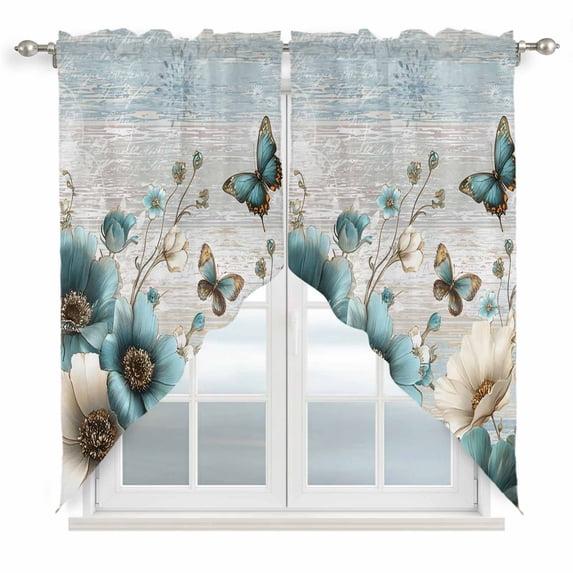 Teal Tulip Butterfly Swag Valances for Windows, Kitchen Curtains 36 Inch Length 2 Panels Set, Beige Turquoise Floral Farmhouse Blue Short Curtains for Small Windows Rod Pocket Cafe Curtains 28"x36"