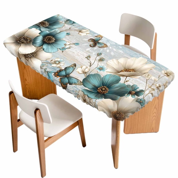 Teal Tulip Butterfly Table Cloths for 3 Foot Rectangle Tables, Beige Turquoise Floral Farmhouse Blue Patio Waterproof Elastic Fitted Tablecloths, Washable Rectangular Table Cover for Camping