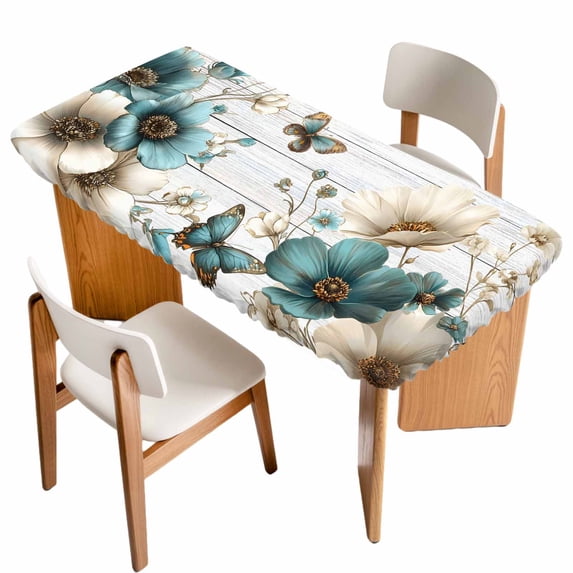 Teal Tulip Butterfly Table Cloths for 3 Foot Rectangle Tables, Beige Turquoise Floral Grey Wooden Patio Waterproof Elastic Fitted Tablecloths, Washable Rectangular Table Cover for Camping