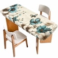 thumbnail image 1 of Teal Tulip Butterfly Table Cloths for 8 Foot Rectangle Tables, Turquoise Floral Farmhouse Beige Patio Waterproof Elastic Fitted Tablecloths, Washable Rectangular Table Cover for Camping, 1 of 8