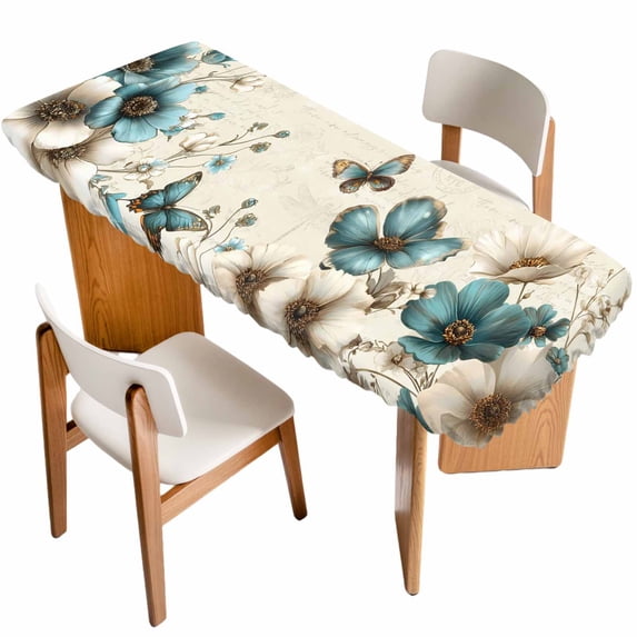 Teal Tulip Butterfly Table Cloths for 8 Foot Rectangle Tables, Turquoise Floral Farmhouse Beige Patio Waterproof Elastic Fitted Tablecloths, Washable Rectangular Table Cover for Camping