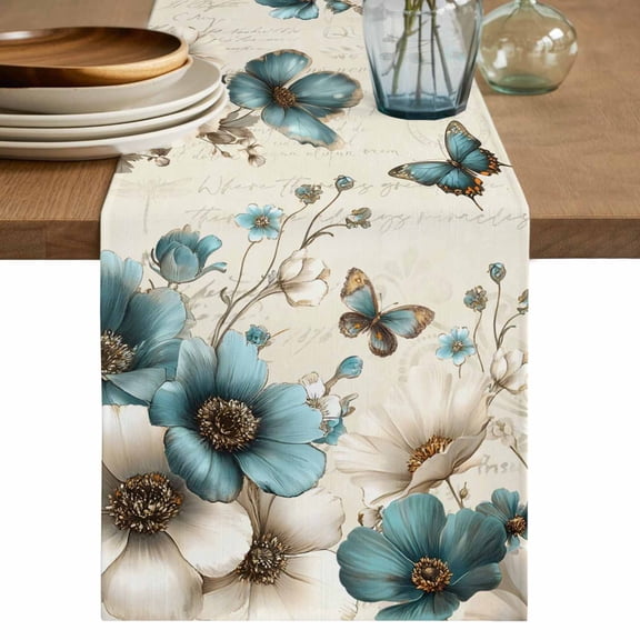 Teal Tulip Butterfly Table Runner, Turquoise Floral Farmhouse Beige Washable Cotton Linen Table Runners 36 Inches Long, Dresser Scarf Runner for Nightstand/End Tables/Round Tables 13''x36''