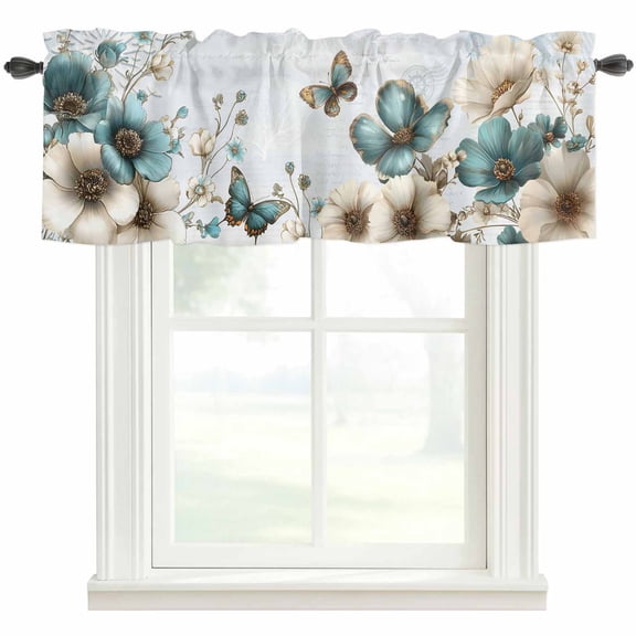 Teal Tulip Butterfly Valances for Windows Farmhouse Kitchen Curtains Valances Rod Pocket Valance Curtains for Windows Beige Turquoise Floral Blue Coastal Window Valances for Bathroom Bedroom 42"x12"