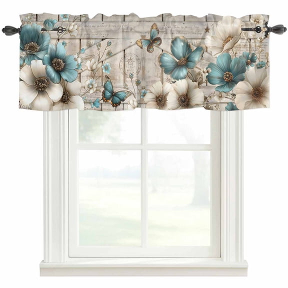 Teal Tulip Butterfly Valances for Windows Farmhouse Kitchen Curtains Valances Rod Pocket Valance Curtains for Windows Beige Turquoise Floral Farmhouse Wooden Valances for Bathroom Bedroom 42"x12"