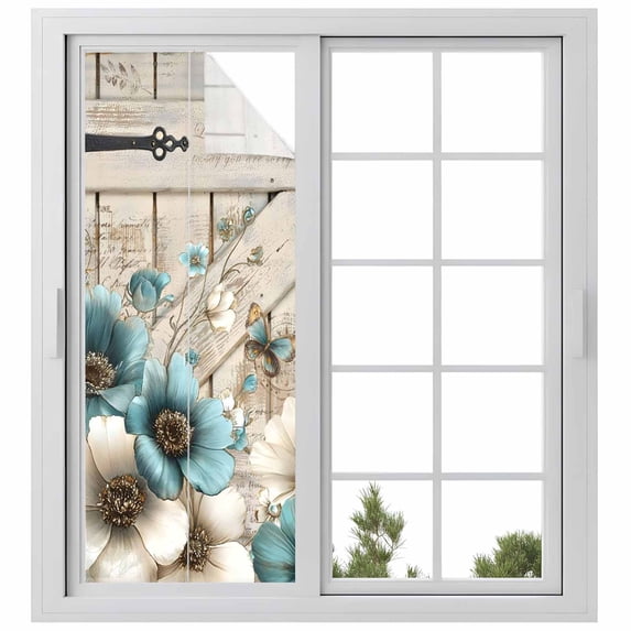 Teal Tulip Butterfly Window Privacy Film, Beige Turquoise Floral Farmhouse Wooden Static Cling UV Sun Blocking Heat Control Window Tint Day and Night, Non-Adhesive One Way Privacy Cover 23.6''x59''