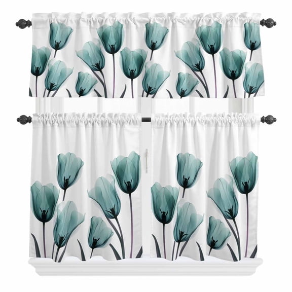Teal Tulip Curtain Valances Set X-ray Flower Transparent Floral Plant Kitchen Curtains 36 inch Length Rod Pocket Valance and Tiers 3 Piece Set Small Bedroom Bathroom Laundry Decor