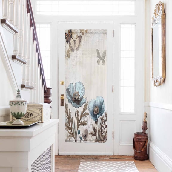 Teal Tulip Door Curtains for Door Window, French Sidelight Front Back Door Curtains With Tieback, Vintage Spring Floral Summer Botanical Brown Kitchen Rod Pocket Drapes Panel, 54"x72"