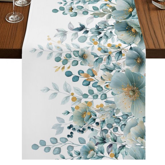 Teal Tulip Eucalyptus Burlap Cotton Table Runner 13x108 Inches Long, Spring Summer Botanical Floral Chic Farmhouse Table Runners, Outdoor Dining Tablecloths Decor for Baby Shower/Party/Wedding