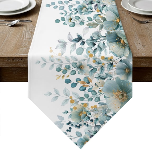 Teal Tulip Eucalyptus Table Runner Linen Burlap Table Runner 36 Inches Small Spring Summer Botanical Floral Chic Dresser Scarves for Kitchen Island Coffee Dining Room Party Holiday Decor 13"x36"