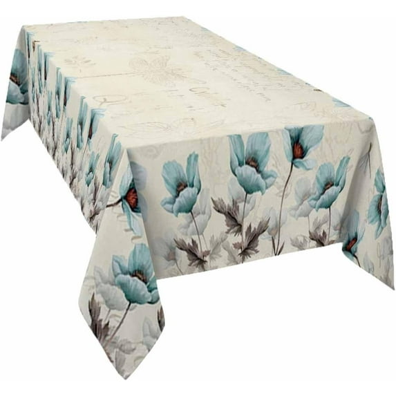 Teal Tulip Floral Tablecloth Waterproof for Round/Rectangle/Oval/Square Tablecloth 60x120 in - Table Cloth Cover for Fall Baby Shower Christmas Wedding Party,Rustic Vintage Flower Aesthetic Leaves