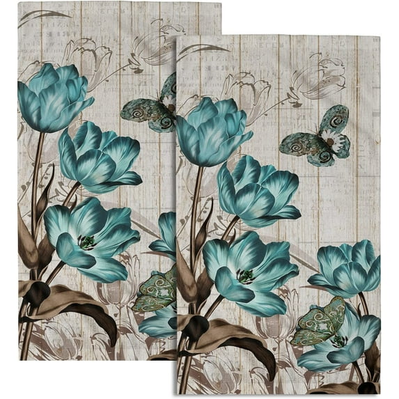 Teal Tulip Hand Towels Set of 2 Spring Floral Soft Absorbent Decorative Bath Towel Kitchen Dish Guest Towel for Home Spa Yoga Sport