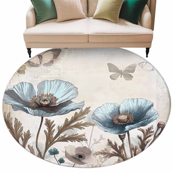 Teal Tulip Large Area Rugs for Bedroom Living Room, Soft Non Slip Carpet Bedside Rug, Vintage Spring Floral Summer Botanical Brown Round Floor Cover Kitchen Accent Rug 5' for Dining Room/Office