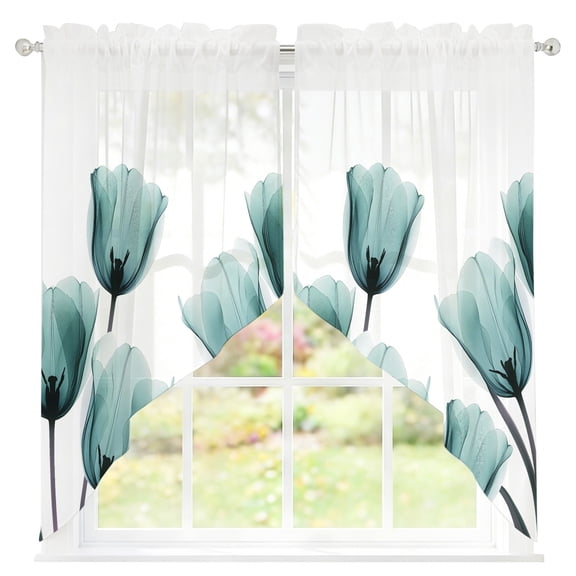 Teal Tulip Sheer Curtains Swag Valances for Windows X-ray Flower Transparent Floral Plant Rod Pocket Swag Curtain Small Window Curtain for Kitchen Living Room Bedroom, 1 Pair 28"W x 36"L