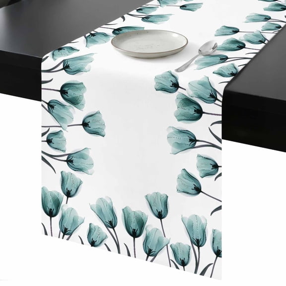 Teal Tulip Table Runner 13x60 Inch X-ray Flower Transparent Floral Plant Table Runner Non-Slip Dresser Scarves for Holiday Decorations, Party, Dinner and Gatherings, 1 Pack