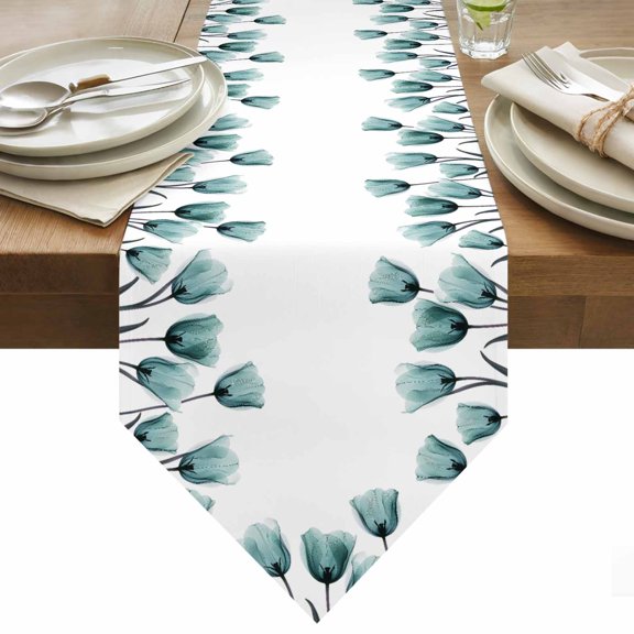 Teal Tulip Table Runner 36 Inches Long X-ray Flower Transparent Floral Plant Table Runners for Dining Room Tabletop Dresser Scarf Home Party Banquet Wedding Holiday Decoration