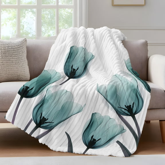 Teal Tulip Throw Blanket for Couch X-ray Flower Transparent Floral Plant Soft and Warm Flannel 3D Striped Fluffy Fuzzy Fleece Blanket Lightweight Throw for Bed, Sofa 40 x 50 Inches