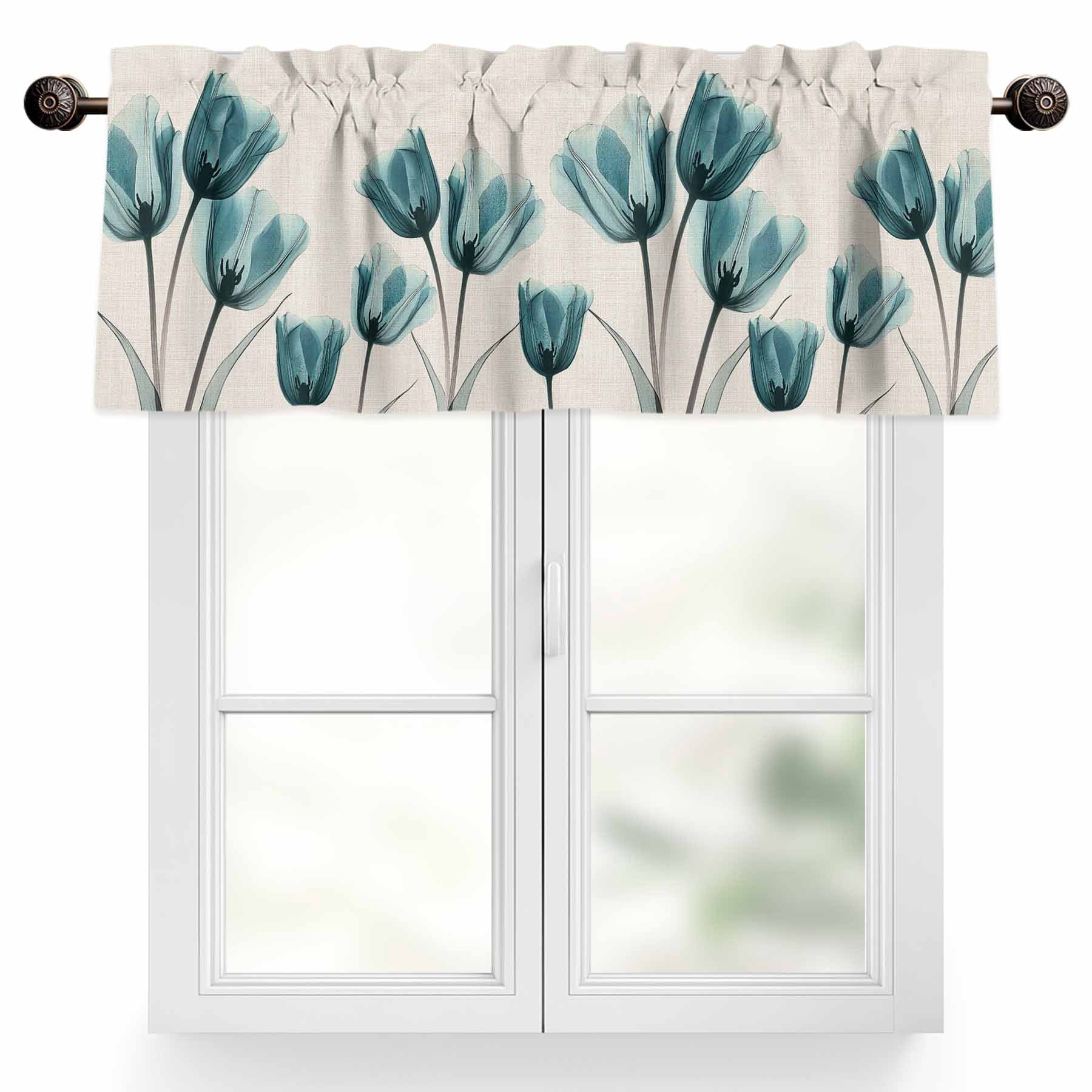 Teal Tulip Valances for Windows, 54 x 18in, Minimalist Modern Flower Art Linen Background Rod Pocket Kitchen Valance Curtain Light Filtering Window Treatments for Living Room Bedroom, 1 Panel