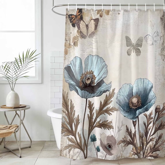 Teal Tulip Waterproof Fabric Shower Curtain,Vintage Spring Floral Summer Botanical Brown Waterproof Fabric Shower Curtain for Bathroom Curtains Bathtubs Shower Curtains with 12 Hooks Extra Long 72x96