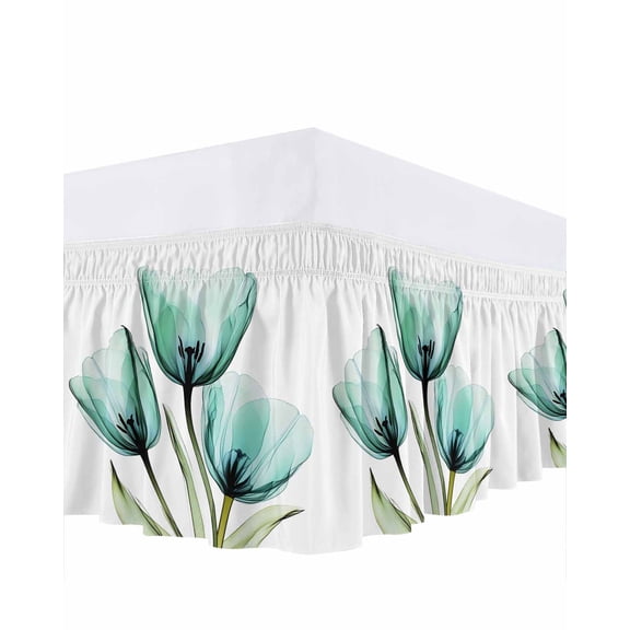 Teal Tulips Bed Skirt Queen Size 16" Drop Transparent Floral Botanical Leaf Flower Ruffled Wrap Around Bed Skirts Adjustable Elastic Bedskirt Dust Ruffle for Queen Size Bed
