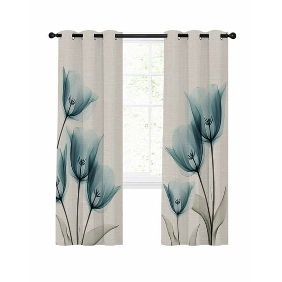 Teal Tulips Blackout Curtains 63 Inches Long, Spring Floral 2 Panels, Thermal Insulated Room Darkening Drapes with Grommets, 42W x 63L Each Panel