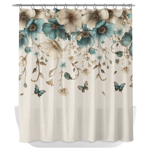 Teal Tulips Cream Shower Curtain - Water Repellent Fabric Shower Curtains Washable, Farmhouse Chic Flowers Beige Decorative Polyester Cloth Bathroom Curtains Modern Bath Decor 72"x84"