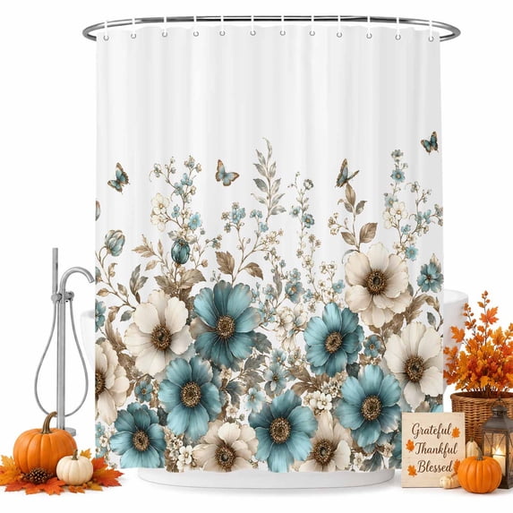 Teal Tulips Shower Curtain, Waterproof Shower Curtains for Bathroom, Farmhouse Elegant Garden Floral Washable Fabric Bathtub Curtain Set Bath Decor with 12 Hooks Long 72"x84"