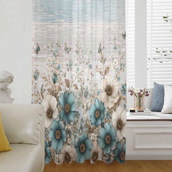 Teal Tulips Spring Sheer Curtains 84 Inch Length, Light Filtering Voile Curtain Panel, Garden Floral Butterflies Blue Grey Rod Pocket Drapes Window Treatments for Living Room Bedroom 52"x84"