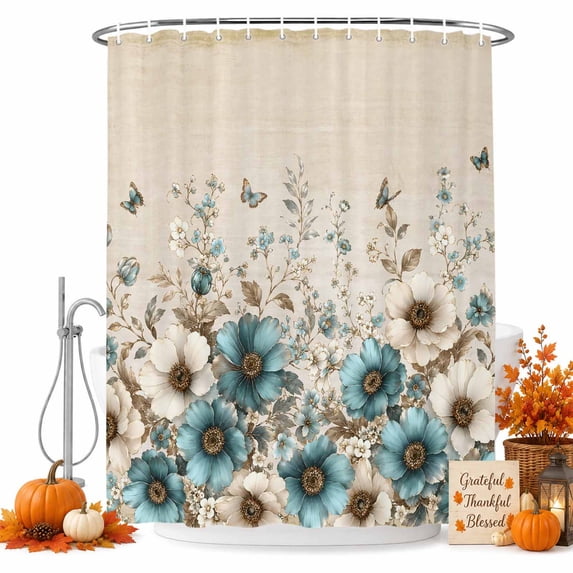 Teal Tulips Spring Shower Curtain, Waterproof Shower Curtains for Bathroom, Beige Floral Garden Butterflies Washable Fabric Bathtub Curtain Set Bath Decor with 12 Hooks Stall 36"x72"