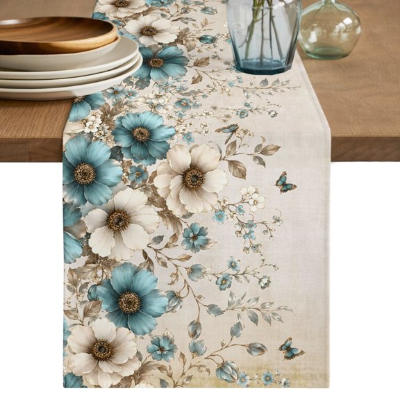 Teal Tulips Spring Table Runner 36 Inches,Short Dining Table Runners Dresser Scarves,Beige Floral Garden Butterflies Kitchen Coffee Tablerunner for Tabletop Party Birthday Holiday Wedding 13"x36"