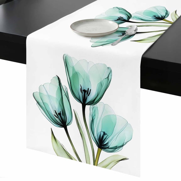 Teal Tulips Table Runner 13x36 Inch Transparent Floral Botanical Leaf Flower Table Runner Non-Slip Dresser Scarves for Holiday Decorations, Party, Dinner and Gatherings, 1 Pack