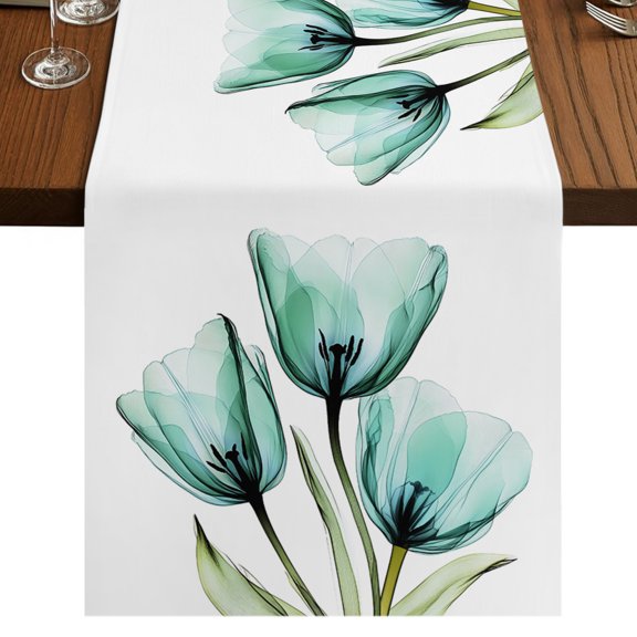 Teal Tulips Table Runner 36 Inches Long, Transparent Floral Cotton Linen Dining Table Runner Dresser Scarves for Home Kitchen Party Decor 13"x36"