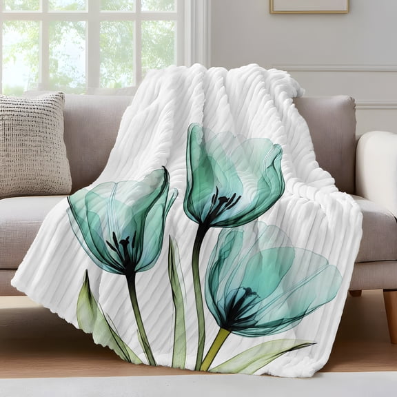 Teal Tulips Throw Blanket for Couch Transparent Floral Botanical Leaf Flower Soft and Warm Flannel 3D Striped Fluffy Fuzzy Fleece Blanket Lightweight Throw for Bed, Sofa 30 x 40 Inches