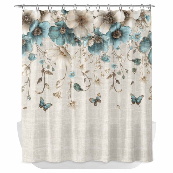 Teal Tulips Vintage Shower Curtain - Water Repellent Fabric Shower Curtains Washable, Weeping Cream Chic Flowers Beige Decorative Polyester Cloth Bathroom Curtains Modern Bath Decor 72"x72"