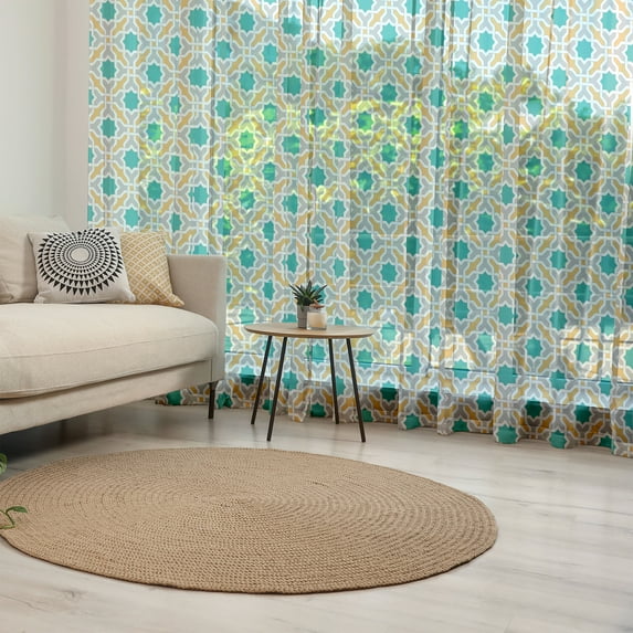 Teal Tulle Curtains with Rod Pocket, Abstract Geometric Pattern Eastern Oriental Symmetric Design Print, Sheer Drape for Wedding Party 2 Panels, 7 Sizes, Mustard Teal and Grey, by Ambesonne