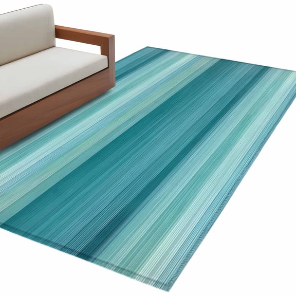 Teal Turquoise Aqua Ombre 3'x5' Washable Rug, Contemporary Abstract Lines Non-Slip Area Rugs for Entryway Kitchen Classroom, Dorm Throw Carpet, Low Pile Soft Indoor Floor Mat