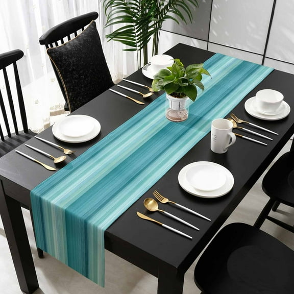 Teal Turquoise Aqua Ombre Cotton Linen Small Table Runner 13 x 48 inch Contemporary Abstract Lines Non-slip Rectangular Dining Table Decor for Wedding Party Holiday Dinner